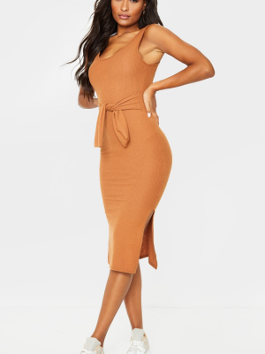 Camel Brushed Rib Tie Waist Detail Midi Dress