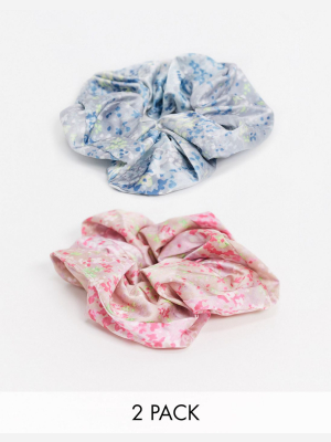 Asos Design Pack Of 2 Ditsy Floral Scrunchies In Pink Gray
