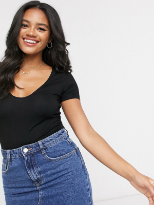 Asos Design Scoop Front T-shirt Bodysuit In Black