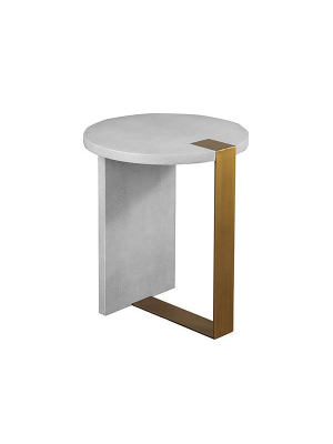 Round Side Table In Antique Brass & Light Grey Faux Shagreen