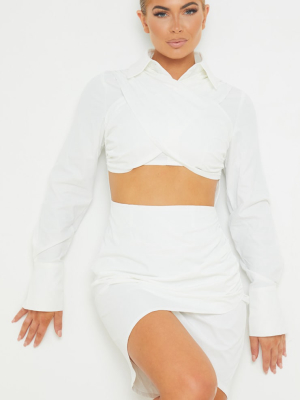 White Drape Cross Front Cut Out Long Sleeve...