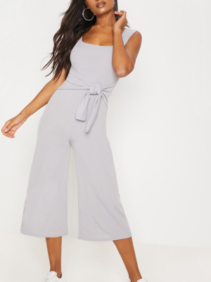 Grey Ribbed Tie Waist Culotte Jumpsuit