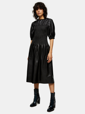 Black Pu Shirred Midi Dress