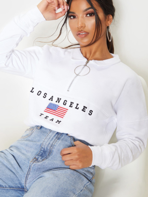 White Los Angeles Embroidered Usa Zip Sweater