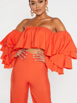 Bright Orange Woven Bardot Tiered Sleeve Crop Top