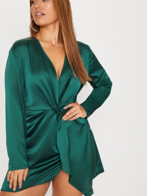 Plus Emerald Green Satin Long Sleeve Wrap Dress