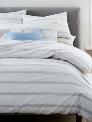 Washed Cotton Percale Melange Bold Stripe Duvet Cover & Shams - Heather Gray