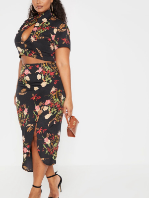 Plus Black Floral Button Detail Midi Skirt