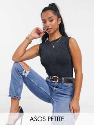 Asos Design Petite Sleeveless T-shirt Bodysuit With Roll Sleeve In Washed Black