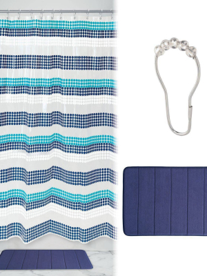 Zoey Striped Shower Curtain With Memory Foam Mat And Ring Bundle Blue/white - Idesign