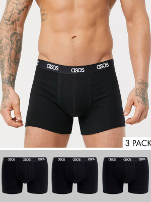Asos Design 3 Pack Trunks In Black With Branded Waistband In Organic Cotton