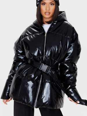 Black High Shine Hooded Midi Belted Puffer Jacket