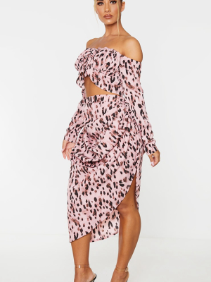 Light Pink Leopard Polka Print Ruched Side Midi...