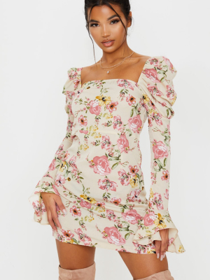 Beige Floral Print Puff Frill Sleeve Shift Dress