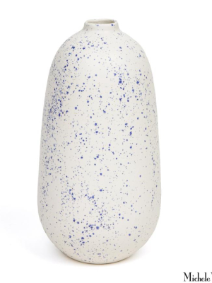 White And Blue Speckled Earthenware Vase Oblong