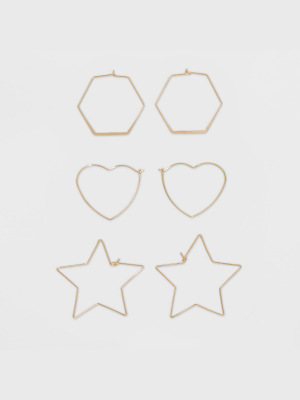 Hoop Trio With Hexagon, Heart, And Star Shape Earring Set 3pc - Wild Fable™ Gold