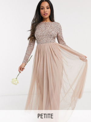 Maya Petite Bridesmaid Long Sleeve V Back Maxi Tulle Dress With Tonal Delicate Sequin In Taupe Blush