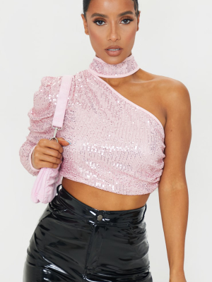 Pink Sequin One Shoulder Long Sleeve High Neck...