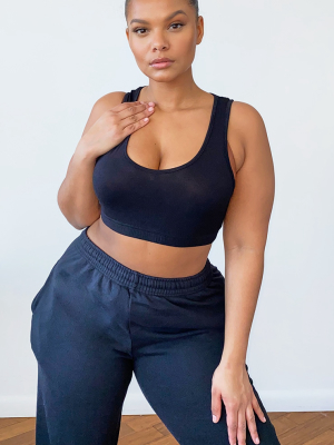 Plus Basic Black Sleeveless Elastic Hem Crop Top