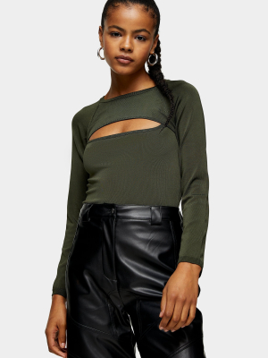 Khaki Spliced Cropped Knitted Top