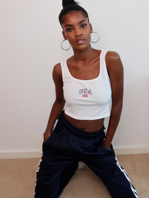 White Usa Embroidered Rib Crop Top