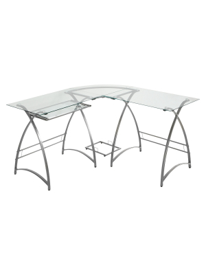 L Shaped Glass And Metal Corner Computer Desk Silver - Saracina Home