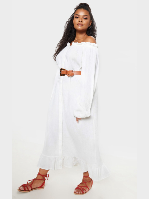 Plus White Bardot Frill Hem Maxi Dress