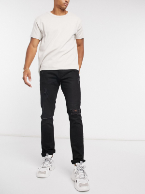 Pull&bear Slim Fit Jeans With Rips In Black