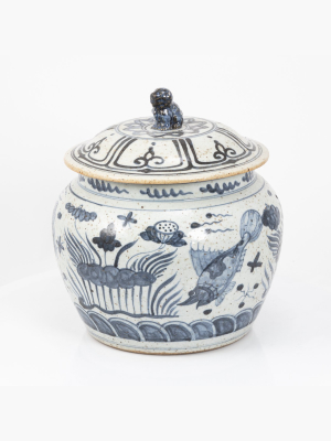 Ancestor Fish Lotus Rice Jar, Blue And White