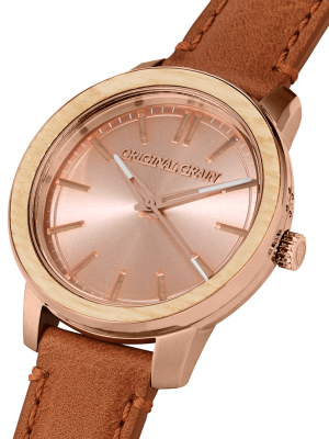 Whiskey Rose Gold Womens Leather Barrel 36mm