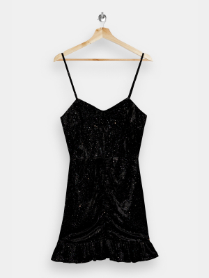 Black Glitter Velvet Ruched Mini Dress