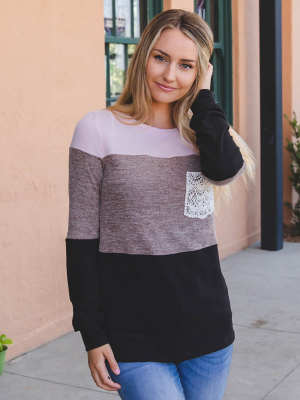 The Lace Pocket Colorblock Top - Pink/brown/black