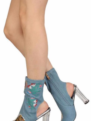 Alexandra238 Denim Embroidered Peep Toe Lucite Heel Boot