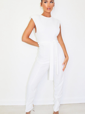 White Thick Rib Zip Hem Shoulder Pad Sleeveless...