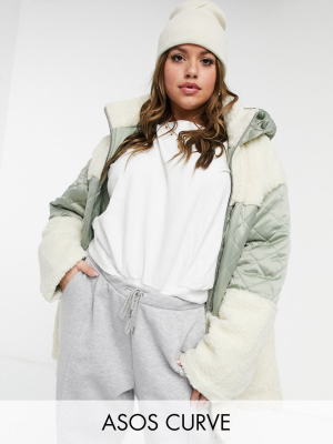 Asos Design Curve Quilted Fleece Puffer Jacket In Sage