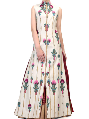 Front-opening Embroidered Jacket Kurta With Block Printed Skirt