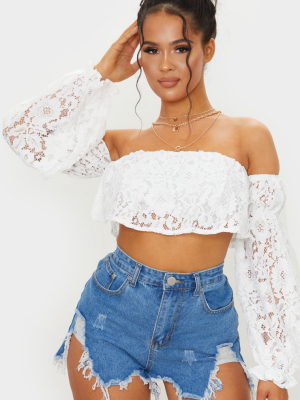 White Lace Bardot Balloon Sleeve Crop Top