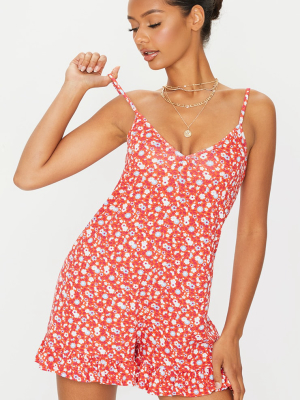 Red Ditsy Floral Frill Hem Playsuit