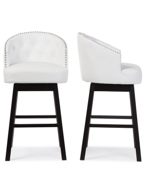 Set Of 2 Avril Modern And Contemporary Faux Leather Tufted Swivel Barstool With Nail Heads Trim - White - Baxton Studio