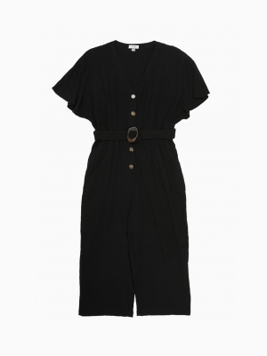 Plus Size V-neck Button-front Belted Jumpsuit