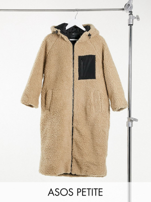 Asos Design Petite Longline Fleece Hooded Coat In Camel