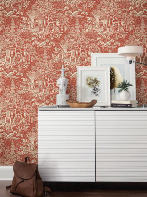 Chinoiserie Wallpaper In Red And Orange From The Tea Garden Collection By Ronald Redding For York Wallcoverings