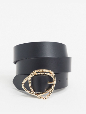 Asos Design Gold Abstract Buckle Leather Jeans Belt In Black