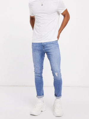 Bershka Super Skinny Jeans With Abrasions In Mid Blue