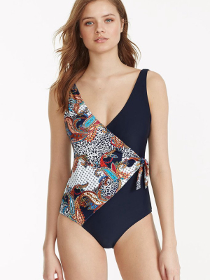 Paisley Cheetah Tie Side Wrap One Piece Swimsuit