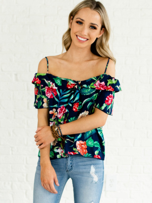 Island Dreaming Navy Cold Shoulder Top