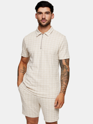 Stone And Ecru Check Zip Polo