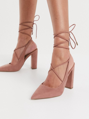 Asos Design Pascal Tie Leg Block Heels In Taupe