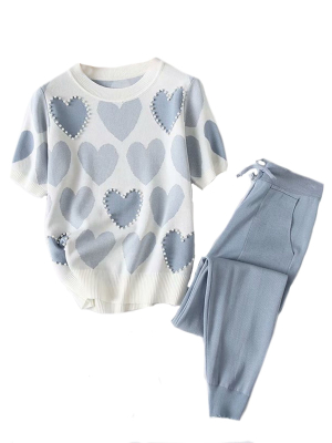 'janice' Heart & Pearls Knit Pj Set (2 Colors)