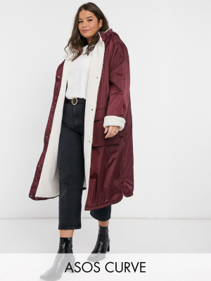 Asos Design Curve Borg Lined Maxi Raincoat In Burgundy